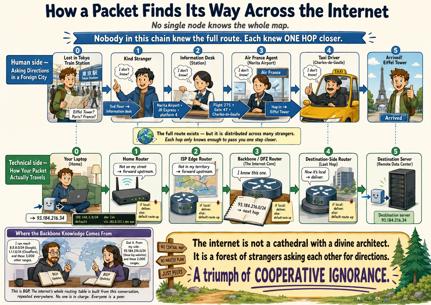 How a packet finds its way across the internet: each home router knows only its local devices and a default route up to its ISP; each ISP edge has a slightly larger local map and the same default fallback; at the top, Tier-1 backbones in the default-free zone gossip reachability to each other via BGP. Inside any single AS, Dijkstra (OSPF/IS-IS) computes true shortest paths; between ASes, BGP picks paths by business policy. The full route from any source to any destination is never held by one node — it emerges from every node along the way being honest about the limits of what it knows.