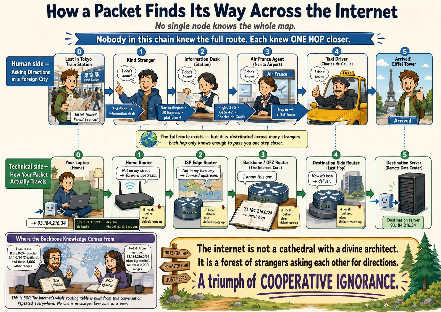 How a packet finds its way across the internet: each home router knows only its local devices and a default route up to its ISP; each ISP edge has a slightly larger local map and the same default fallback; at the top, Tier-1 backbones in the default-free zone gossip reachability to each other via BGP. Inside any single AS, Dijkstra (OSPF/IS-IS) computes true shortest paths; between ASes, BGP picks paths by business policy. The full route from any source to any destination is never held by one node — it emerges from every node along the way being honest about the limits of what it knows.